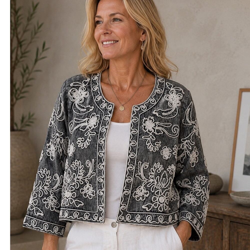 Soft Surroundings Embroidered Cropped Boho Jacket Gray White Small